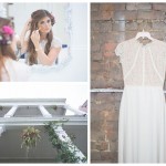 A picture collage of the bride putting on her earrings and her wedding hanging against the brick wall.