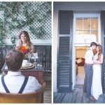 Side by side picture of bridal couple having dinner and couple standing by rises window on the front porch.