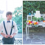 Right side picture of groom in his white shirt with spidelers and the vanity table decorated with flowers, wedding cake, and