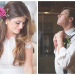 Smiling bride with pretty pink rose in hair and the groom tie his bow-tie.