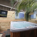 Back hot tub nestled under the palm trees.